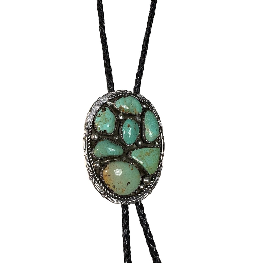 Sterling Silver Turquoise Bolo Tie Mens OS Green Southwestern Signed MT - Picture 2 of 6